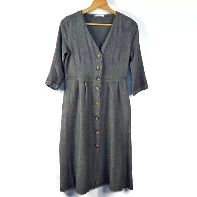 Mango Casual Womens Gray A-Line Midi Dress Button Up V-Neck Short Sleeve 8 • $25.18