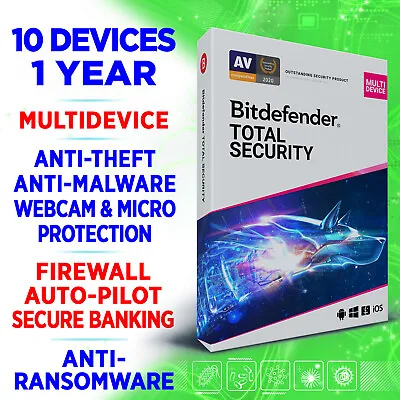 £37.99 • Buy Bitdefender Total Security 2023 10 Devices 1 Year (UK/IE) Activation Key Inc VPN