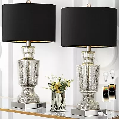 Set Of 2 Mercury Crackle Glass Lamps For Bedroom With 2 USB Ports 3-Color Temper • $107.99