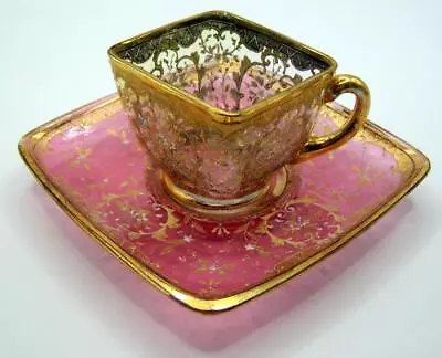 C1900 Signed Moser Cranberry Saucer W Square Blue Cup Gilt & Heavy Enameling • $257.99