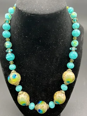 Vintage Oversized Blue & Green Murano Art Glass Bead Necklace ~ Estate Jewelry • $149.99