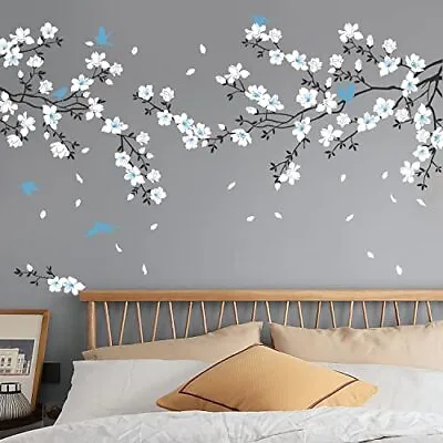  Wall Stickers Cherry Blossom Wall Decal Birds On Tree Branch Blue White Flower • $18.69