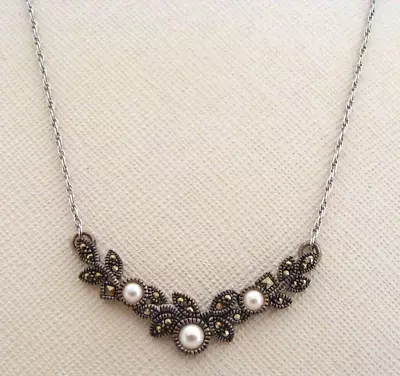 Judith Jack Silvertone Necklace & Sterling Silver Faux Pearl & Marcasite Pendant • $39.99