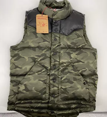 True Religion World Tour Men’s Green Camouflage Puffer Vest W/Lamb Leather Sz M • $125