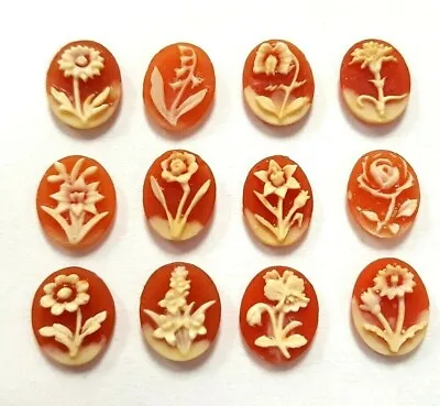 $3.37 • Buy 12 Vintage Japan Assorted Flowers 10x8mm. Oval Carnelian Cabochon Cameos 403