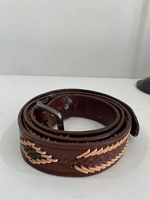 Vintage Handmade Hand Tooled Cowhide Leather Southwestern Cowboy Belt SZ 50 EUC • $30