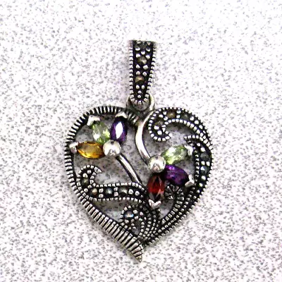 Vtg 925 Sterling Silver Marcasite Heart Pendant With Multi Gemstones Signed FAS • $9.99
