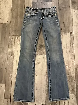 Miss Me Boot Cut Patchwork Sequin Jeans Sz 25 Bling Flap Pocket Wide Stitch • $29