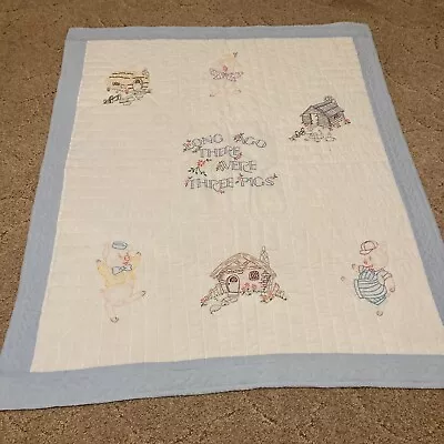 Baby Blanket Hand Embroidered Nursery Rhyme 41x48 Quilted Blue Three Little Pigs • $29.99