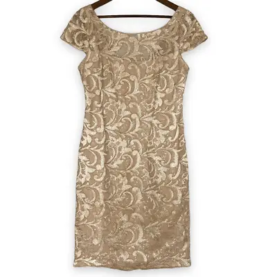 Calvin Klein Beige Tan Swirls Of Gold Cap Sleeve Lined Sequin Party Dress Size 8 • $54