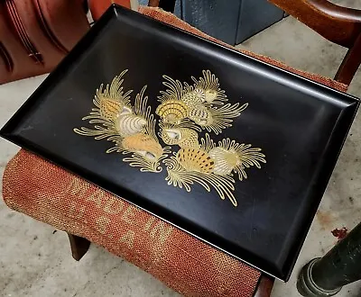 Vintage Couroc Of Monterey Seashells Serving Tray Black Resin Inlay Wood & Brass • $49