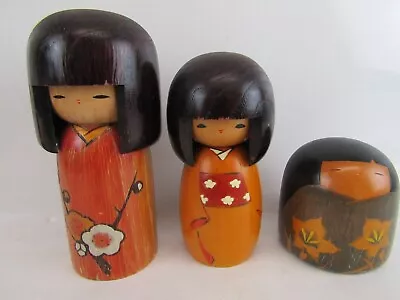 Set Of 3 Wooden Japanese Kokeshi Dolls Heights 16cms 13.5cms And 8cms • £20