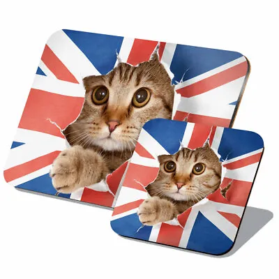 1x Cork Placemat & Coaster Set - Union Jack Flag Cute Cat United Kingdom #8272 • £14.99