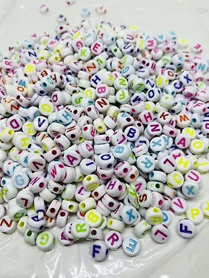 100x 7mm WHITE COLOUR ALPHABET BEADS FLAT ROUND MIXED LETTER A - Z • £2.89