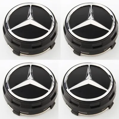 $23.99 • Buy 4PCS Mercedes-Benz Black & Chrome Raised 75MM Wheel Rim Center Hub Caps AMG NEW