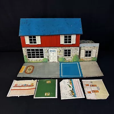 Marx Metal Vintage Doll House Tin Litho Two Story Colonial 1950s 10pcs • $120