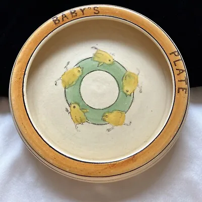 Roseville Vintage  8in Baby Plate 5 Yellow Chicks Green Band Rolled Edge Baby • $13.99