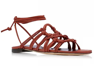 NIB Staud Adeline Spice Brown Leather Strappy Lace Up Flat Sandals Sz 35 5 $325 • $64.99