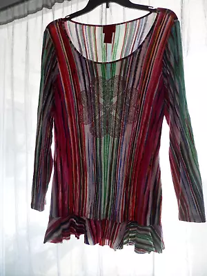 Women's Sz M V Cristina Top Bright Colored Stripes Sequin 4 Heart Design Soft • $24.99