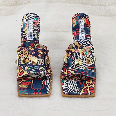 Popo Slip On Square Open Toe High Heel Clogs Mules Slides Multi Print • $42.95