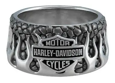 Harley-Davidson Men's Textured Flames Bar & Shield Stainless Steel Metal Ring • $59.95
