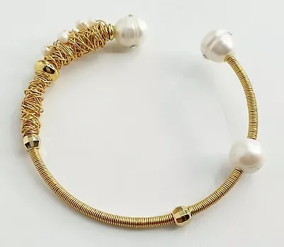 18k Gold Plated Wire Seed Pearl Crystal Bangle Bridal Bridesmaid Summer • £12.99