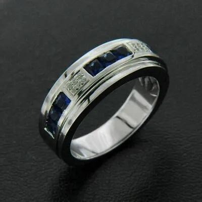 2Ct Princess Cut Lab Created Blue Sapphire Men's Band Ring 14K White Gold Plated • $125