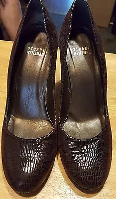 Stuart Weitzman Heel Round Toe Snake Skin Design Brown Size 7 1/2-M 3 3/4  Heel* • $35