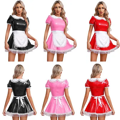 US Womens PVC Leather French Maid Cosplay Dress Apron Set Sexy Clubwear Costume • $22.76