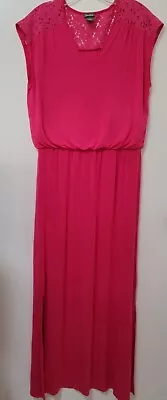 Neiman Marcus Hot Pink Jersey Maxi Dress Womens Size Large Lace Trim Stretch  • $49.94