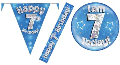 Age 7th Boy Happy Birthday Party Decorations Blue Bunting Banner Jumbo Badge • £2.69