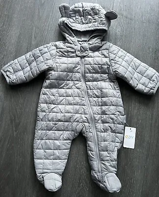 NWT Baby’s Grey Padded Hooded Snowsuit/ Pramsuit: 3m • £6.99