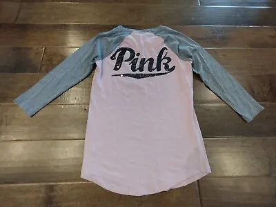 PINK VICTORIA'S SECRET Womens Juniors Pink Gray Sequins Logo Top Size XS • $12.95