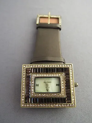 Heidi Daus Wide Brown Leather Huge Chunky Rhinestone Ladies Wristwatch • $39.99