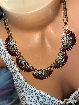 J.CREW Beautiful Clear And Burgundy Rhinestone Fan Fringe Chocker Necklace • $25