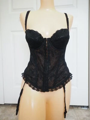 $29.99 • Buy Vintage USA Va Bien 810 Lace Front Closure Bustier With Garters 36A Black