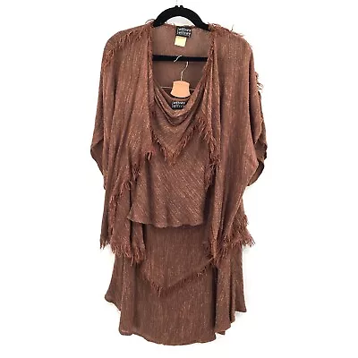 VTG 60s 70s Jeffrey Jeffrey 3pc Outfit Rayon Silk Fringe Boho Tank Skirt Brown M • $112.50