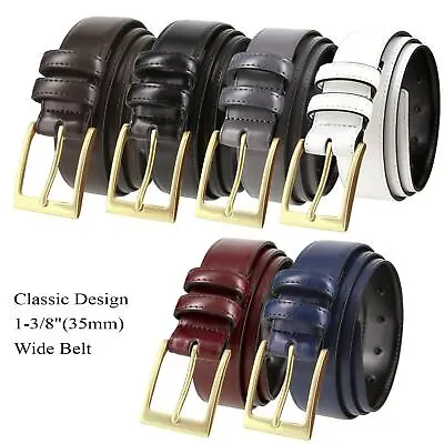 Men's Belt Classic Gold Buckle Genuine Leather Dress Belt 1-3/8 (35mm) Wide • $14.95