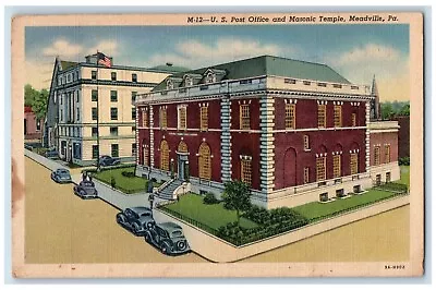 1948 U.S. Post Office Masonic Temple Cars Meadville Pennsylvania PA Postcard • $6.47