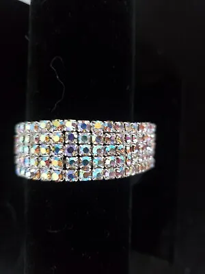 Crystal Aurora Borealis AB Rhinestone Bracelet 5 Row Stretch Elastic Silver*NEW* • $13