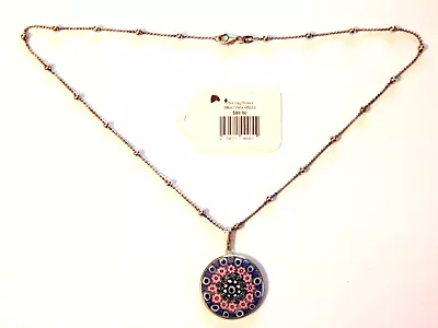 Sterling Silver M Italy 924 Blue Pink Glass Millefiori Round Pendant Necklace NW • $39.99