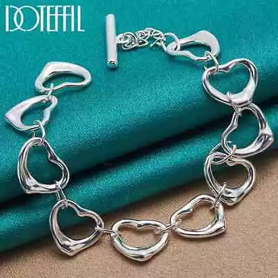 DOTEFFIL 925 Sterling Silver Solid Full Heart Chain Bracelet Party Charm Jewelry • $8.43