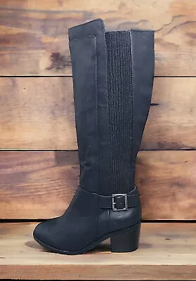 Ladies Evans Lacey Size 4 Wide EEE Fit Black Knee High Stretch Low Heel Boots • £39.95