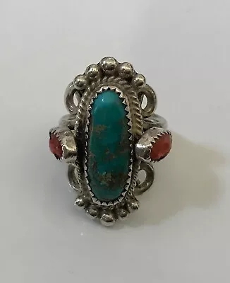 VTG Native American Sterling Silver Ring With Turquoise & Coral Stones..Size 6 • $135