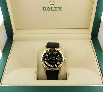 Rolex Day-Date 1803 Black Roman Diamond Dial 18kt Black Leather Strap 36mm • $8000