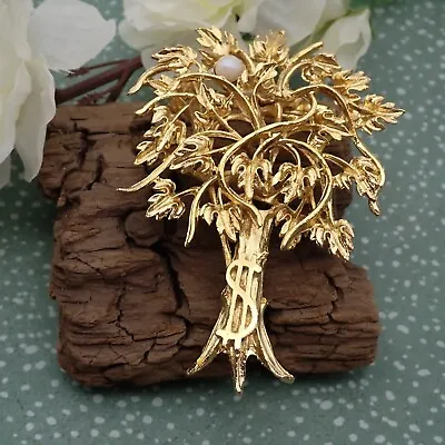 Vintage Simulated Pearl Money Tree Gold Tone Pin Brooch • $22.95