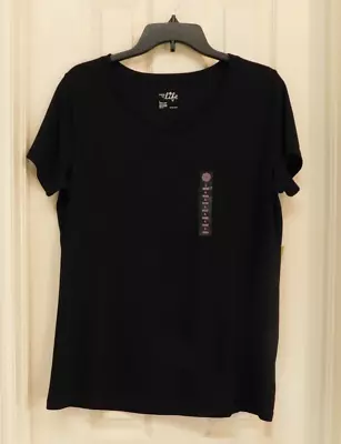 MADE FOR LIFE Womens  Top Black Short Sleeve V-Neck Quick-Dri Large New • $12