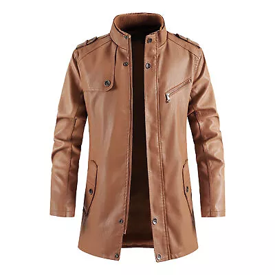 Men's Mid-Length Leather Coat Korean Style PU Leather Trench Coat Parka Jackets • $50.15