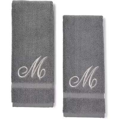 2 Pack Letter M Monogrammed Hand Towels Silver Embroidered Initial M 16x30 In • $19.92