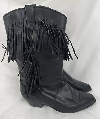 Womens Cowgirl Size 8.5 Oak Tree Farms Black Leather FRINGE Cowboy Boots 8 9 • $64.99